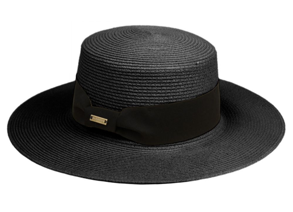 6 Wholesale Braid Paper Straw Boater Hats With Black Band In Black