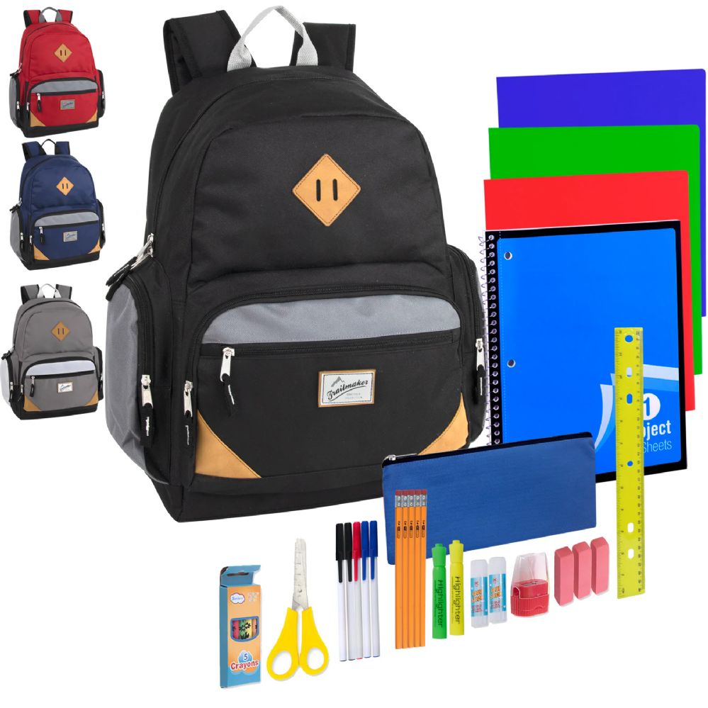 12 Wholesale Preassembled 19 Inch Duo Compartment Backpack & 30 Piece School Supply Kit
