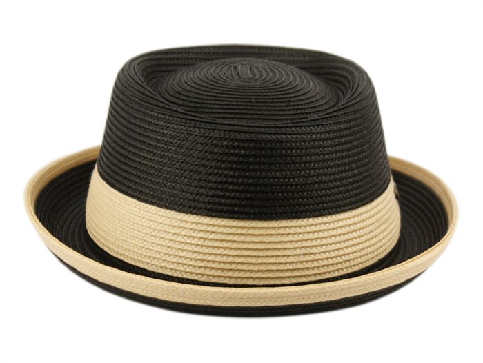 12 Wholesale Poly Braid Pork Pie Hats With Color Band In Black And Natural