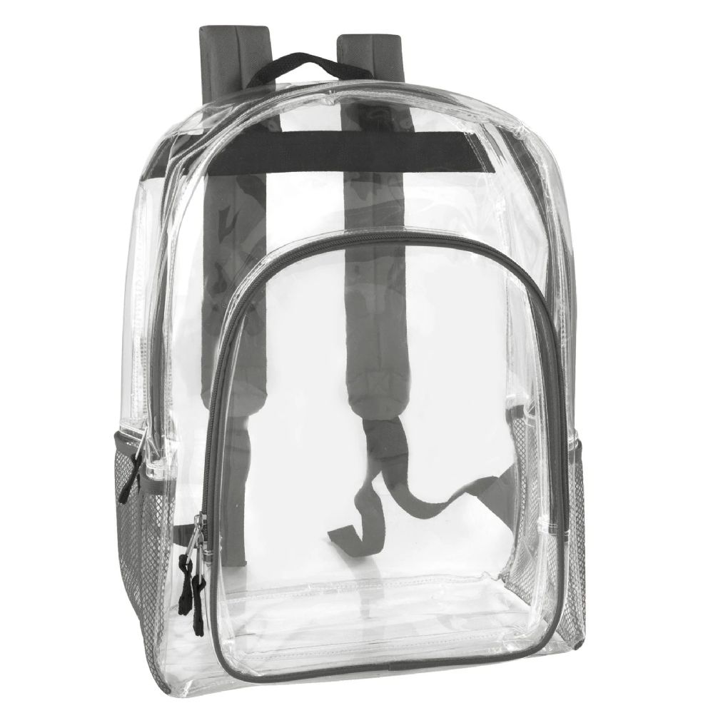 24 Pieces of Deluxe 17 Inch Clear Backpack With Side Pockets Grey