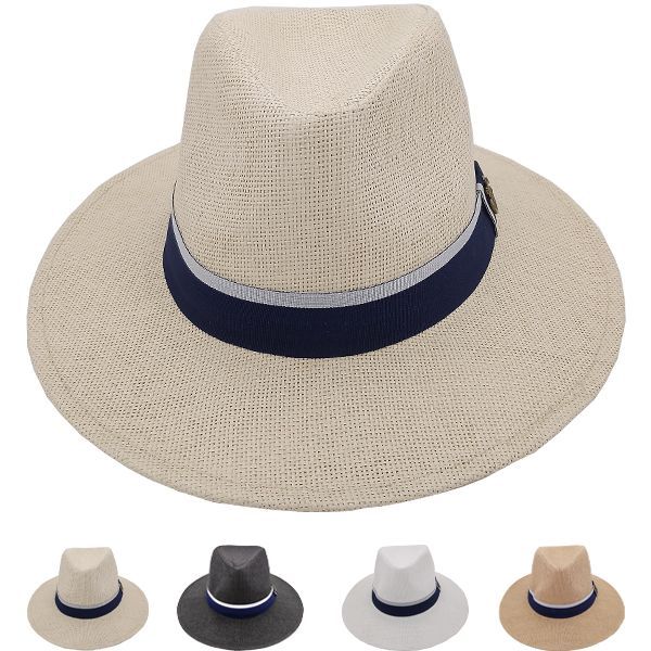24 Wholesale Men Summer Straw Hat With Blue Strip In Assorted Color