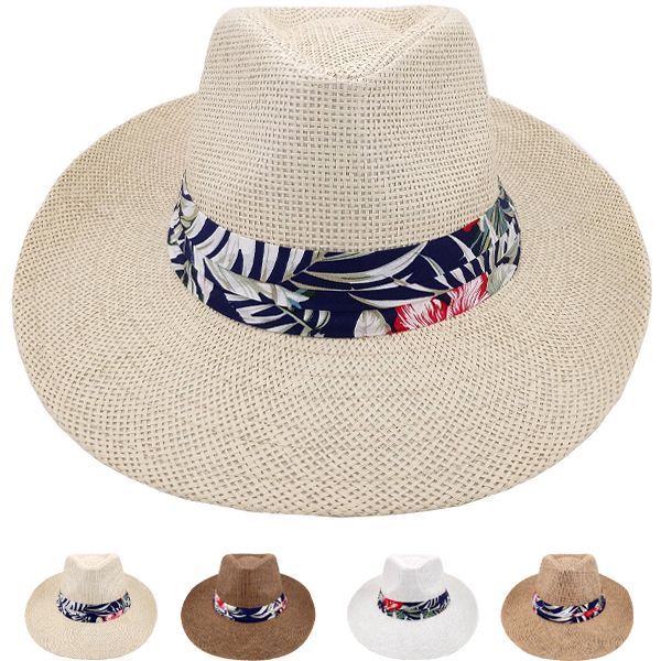 24 Wholesale Men Summer Straw Hat With Flower Strip In Assorted Color