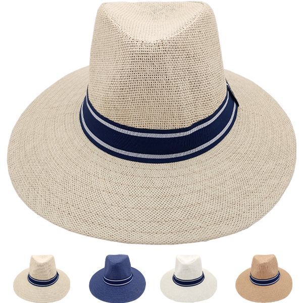 24 Wholesale Men Summer Straw Hat With Blue Strip Assorted Color