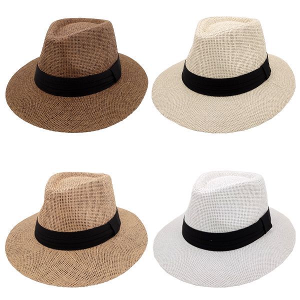24 Wholesale Men Summer Straw Hat With Black Strip Assorted Color