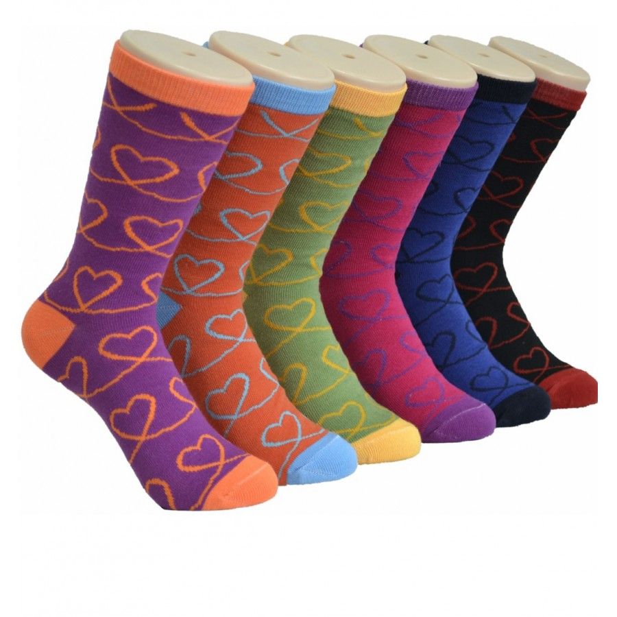 360 Wholesale Ladies Assorted Fun Colorful Heart Printed Crew Socks Size 9-11