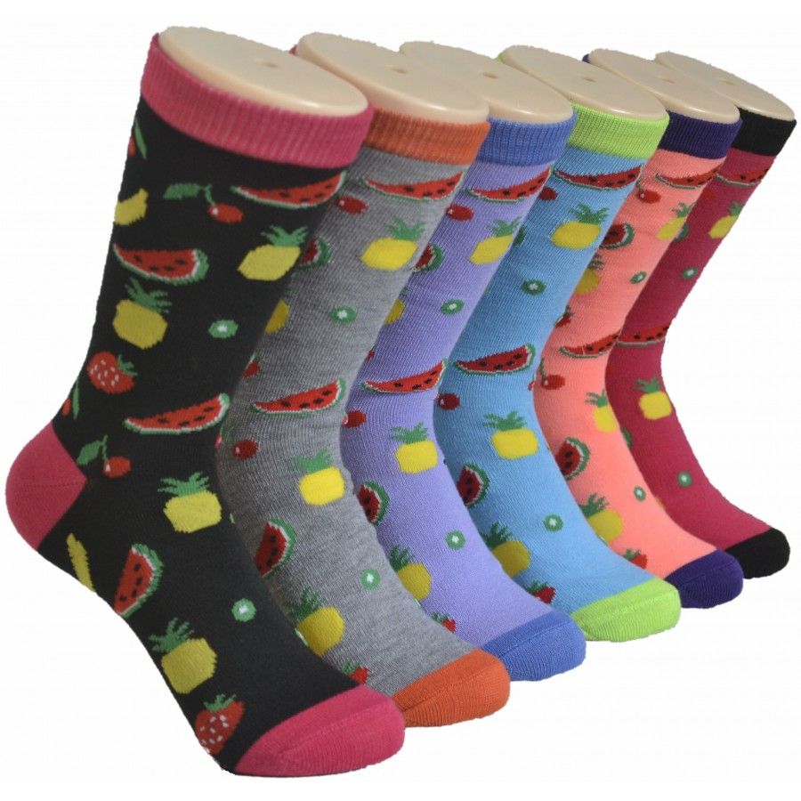 360 Pairs of Ladies Assorted Fun Colorful Fruit Printed Crew Socks Size 9-11
