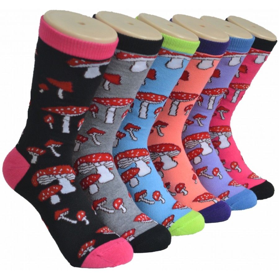 360 Pairs of Ladies Assorted Fun Mushroom Printed Crew Socks Size 9-11