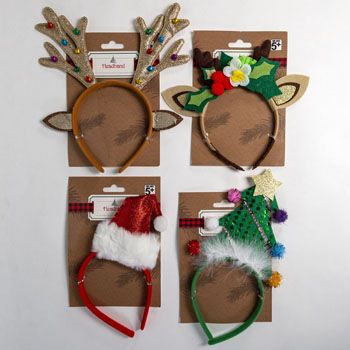 24 Pieces of Headband Christmas 4asst Tree/hat/antlers Xmas Tcd W/bells/glitter/pompoms