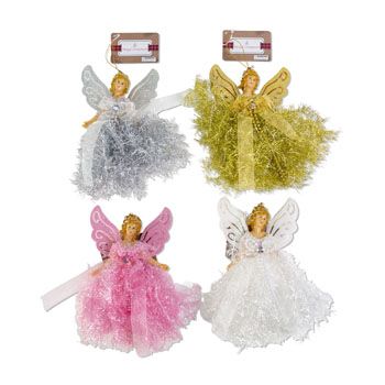 36 Wholesale Ornament Angel W/tinsel & Glitter 8in 4ast Clrs W/gem & Pearl Bowxmas ht