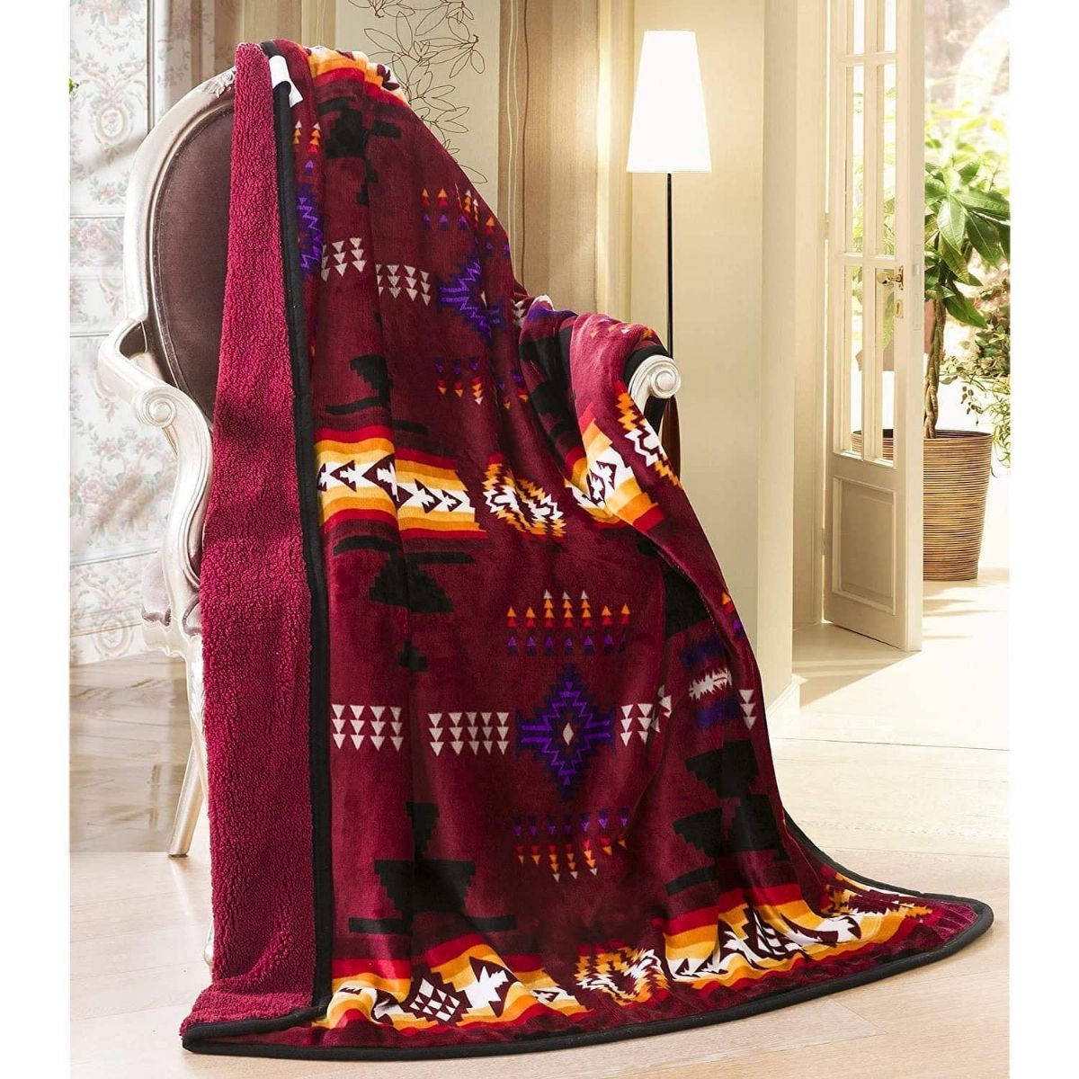 2 Wholesale Southwest Aztec Sherpa Borrego Fleece Throw Blanket In Burgandy