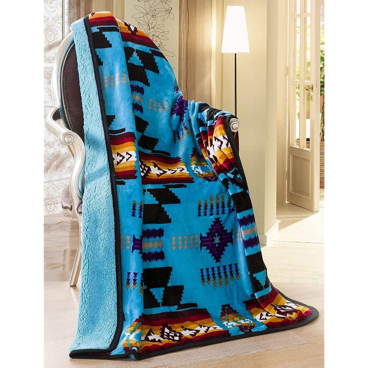 2 Wholesale Southwest Aztec Sherpa Borrego Fleece Throw Blanket In Torquoise