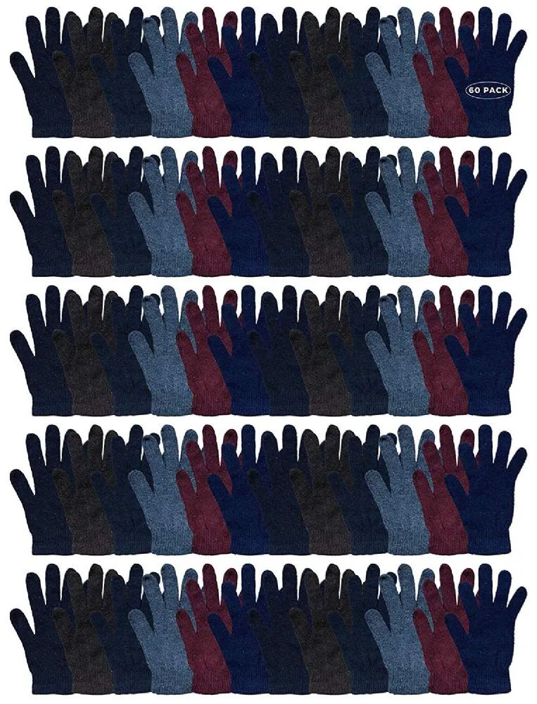 60 Wholesale Yacht & Smith Men's Knit Winter Gloves Assorted Solid Colors, Warm Acrylic Gloves