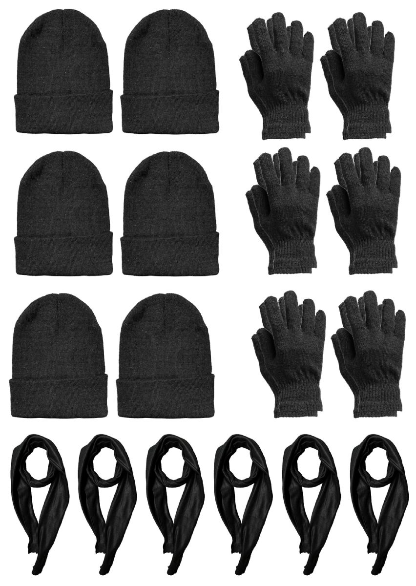 144 Sets Yacht & Smith Pre Assembled Unisex 3 Piece Winter Care Sets, Hat Gloves Scarf Set Solid Black - Winter Care Sets