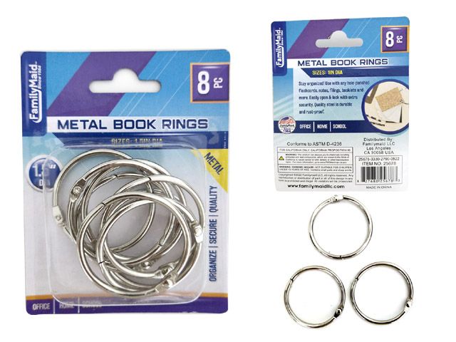 96 Wholesale Metal Book Ring 8 Piece 1.5 Inch Diameter Silver