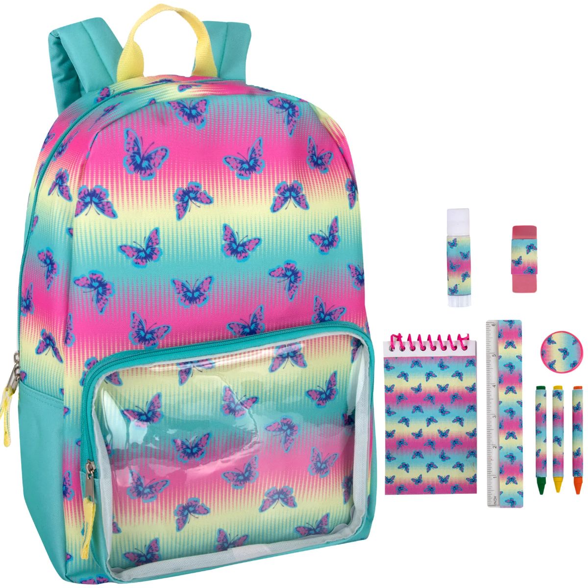 24 Wholesale Preassembled 17 Inch Butterfly Backpack And 9 Piece School Supply Kit