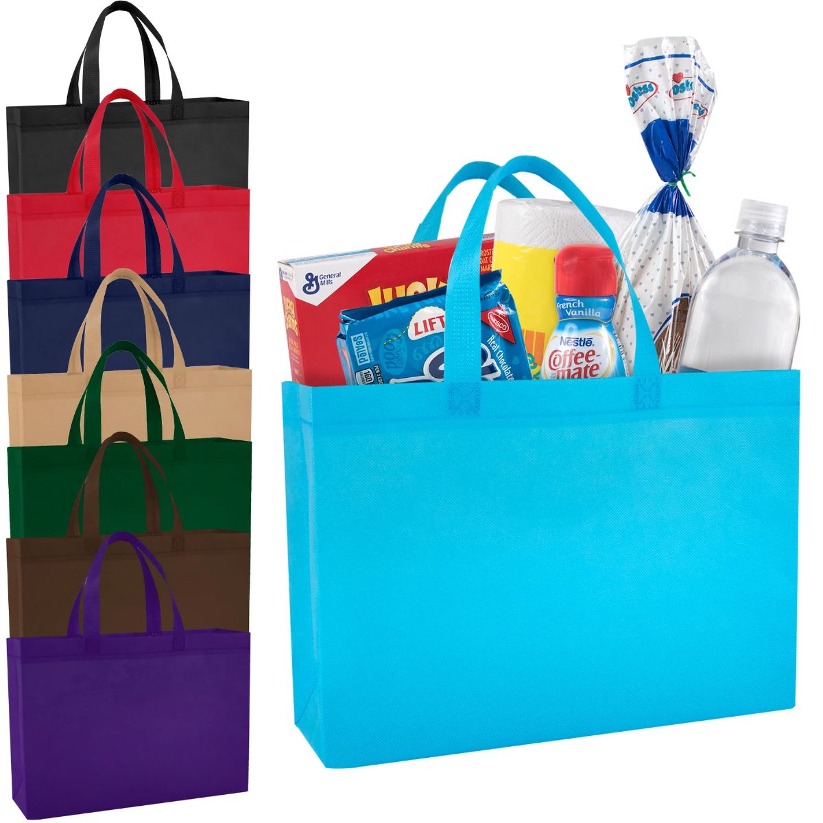 100 Pieces of 14 Inch Reusable Grocery Shopping Tote Bag - 8 Colors 8 Color Assortment