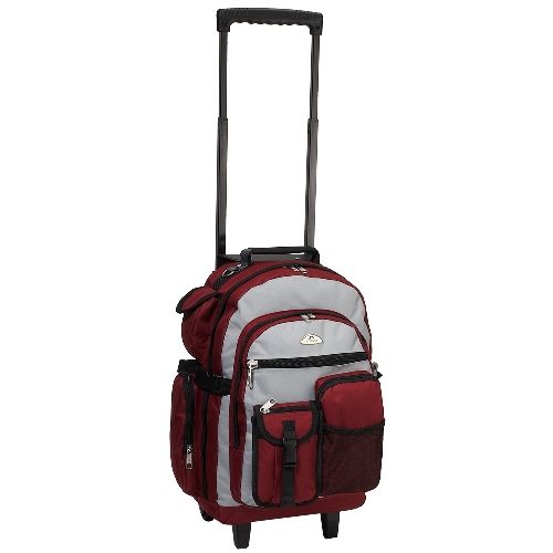 6 Pieces Deluxe Wheeled Backpack In Burgandy Gray - Backpacks 18" or Larger