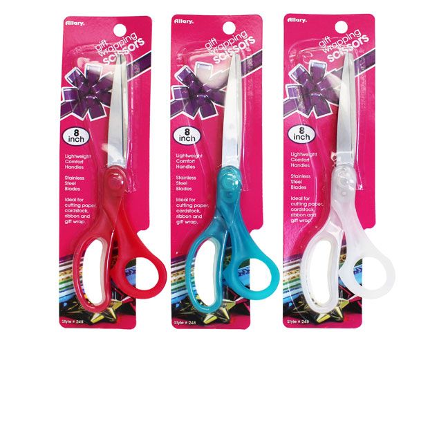 144 Wholesale Gift Wrapping Scissors, Assorted Frosted Colored Handles, 8"