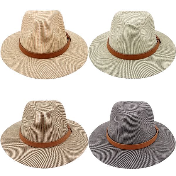 12 Wholesale Breathable Leather Band Flat Brim Straw Men Summer Hat