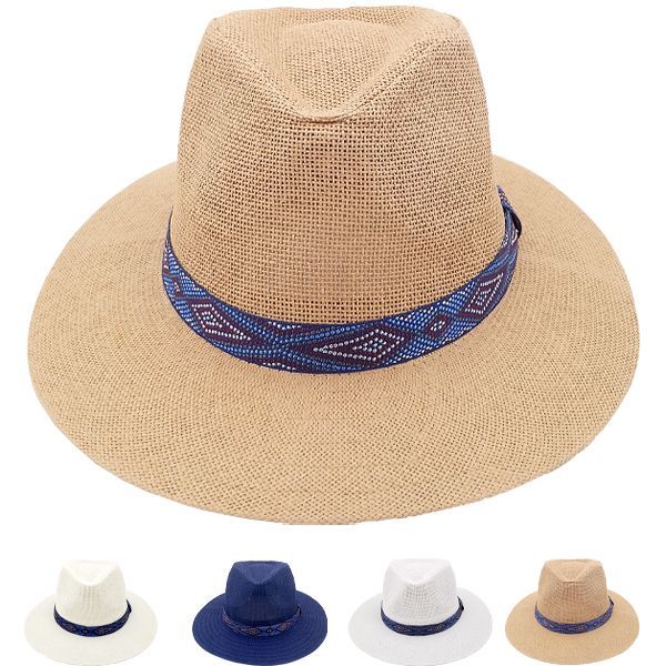 12 Wholesale Breathable Leather Band Flat Brim Straw Men Summer Hat