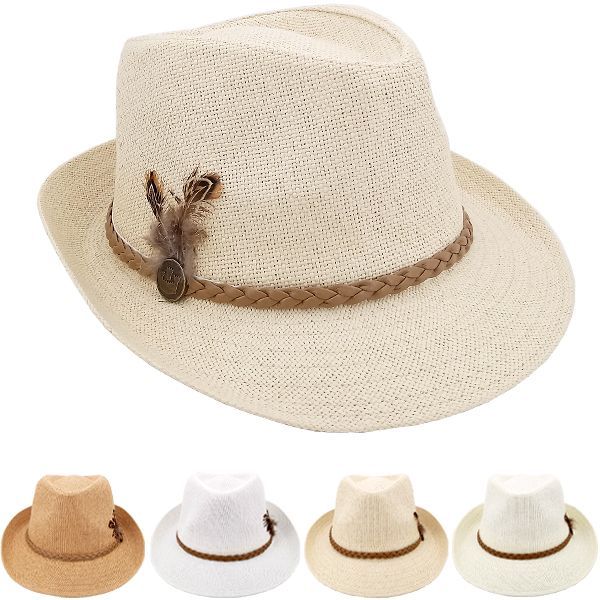24 Wholesale Breathable Braided Band With Feather Straw Adult Fedora Hat