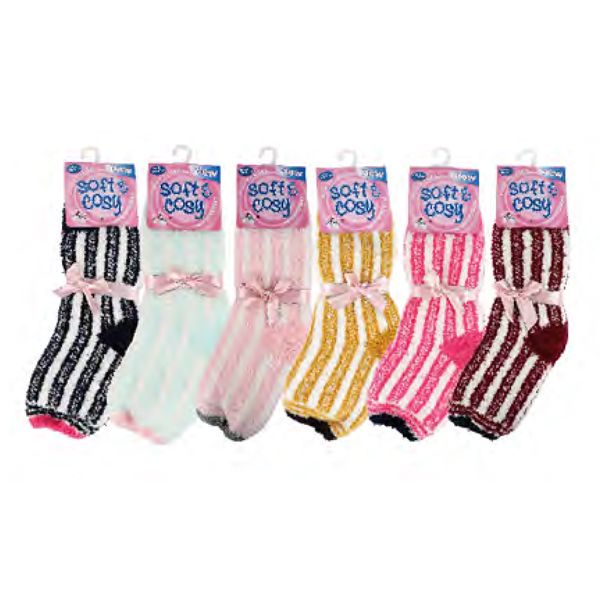 144 Pairs Womens Fuzzy Socks Assorted Color Striped - Womens Crew Sock