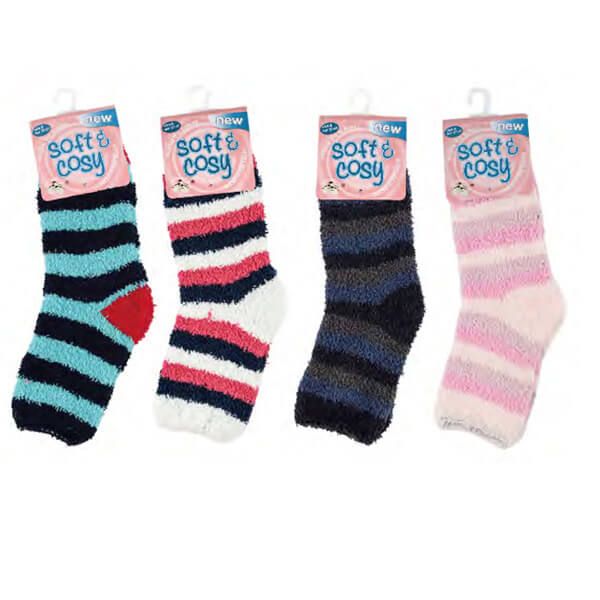 144 Pairs of Womens Soft Cosy Fuzzy Winter Warm Home Striped Slipper Socks Size 9 To 11