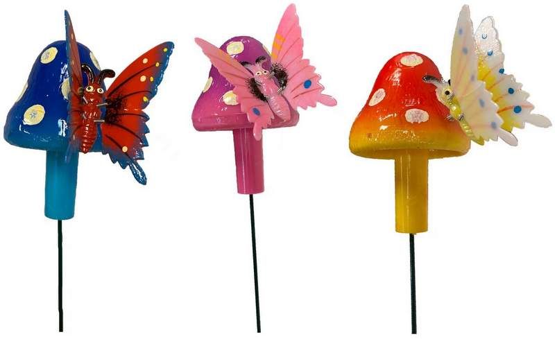 48 Wholesale Butterfly With Mushroom Garden Stake Decoration Assorted Colors