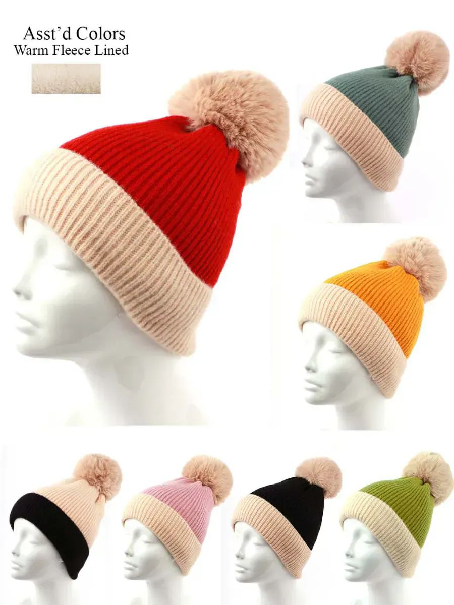 48 Pieces Women's Winter Knitted Pom Pom Beanie Hat With Faux Fur - Winter Beanie Hats