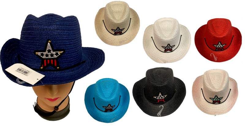 24 Pieces of Kids Cowboy Straw Hats Assorted Star Design