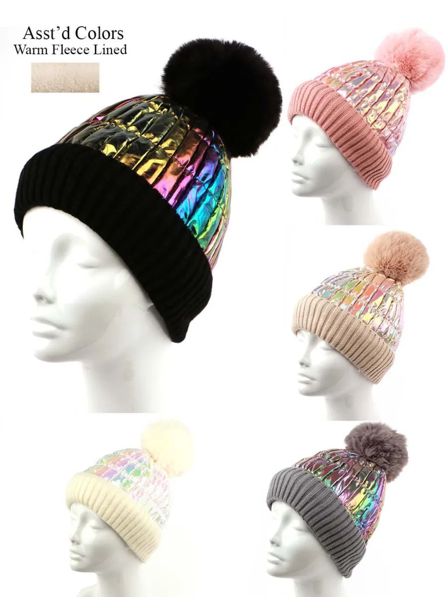 12 Pieces Women's Winter Knitted Pom Pom Beanie Hat With Faux Fur - Winter Beanie Hats