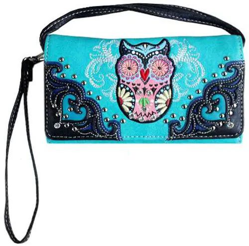 4 Wholesale Rhinestone Studded Owl Design Wallet Purse Turquoise