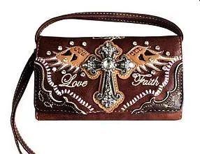 4 Wholesale Western Cross With Wing Brown Wallet Purse