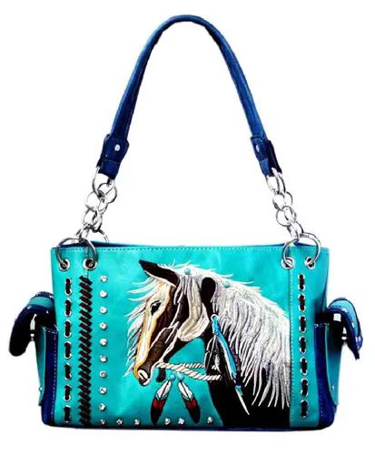 3 Wholesale Rhinestone Embroidery Horse Design Purse Turquoise