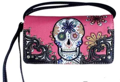 6 Wholesale Pink Sugar Skull Wallet Purse With Long Strap