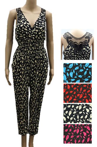 12 Pieces of Long Feather Print Romper Jumpsuit With Lace Back