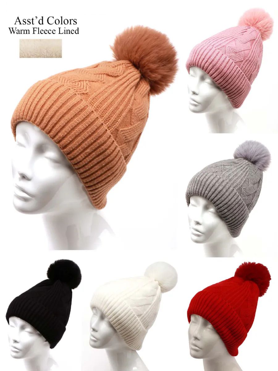 12 Pieces of Women's Winter Knitted Pom Pom Beanie Hat With Faux Fur