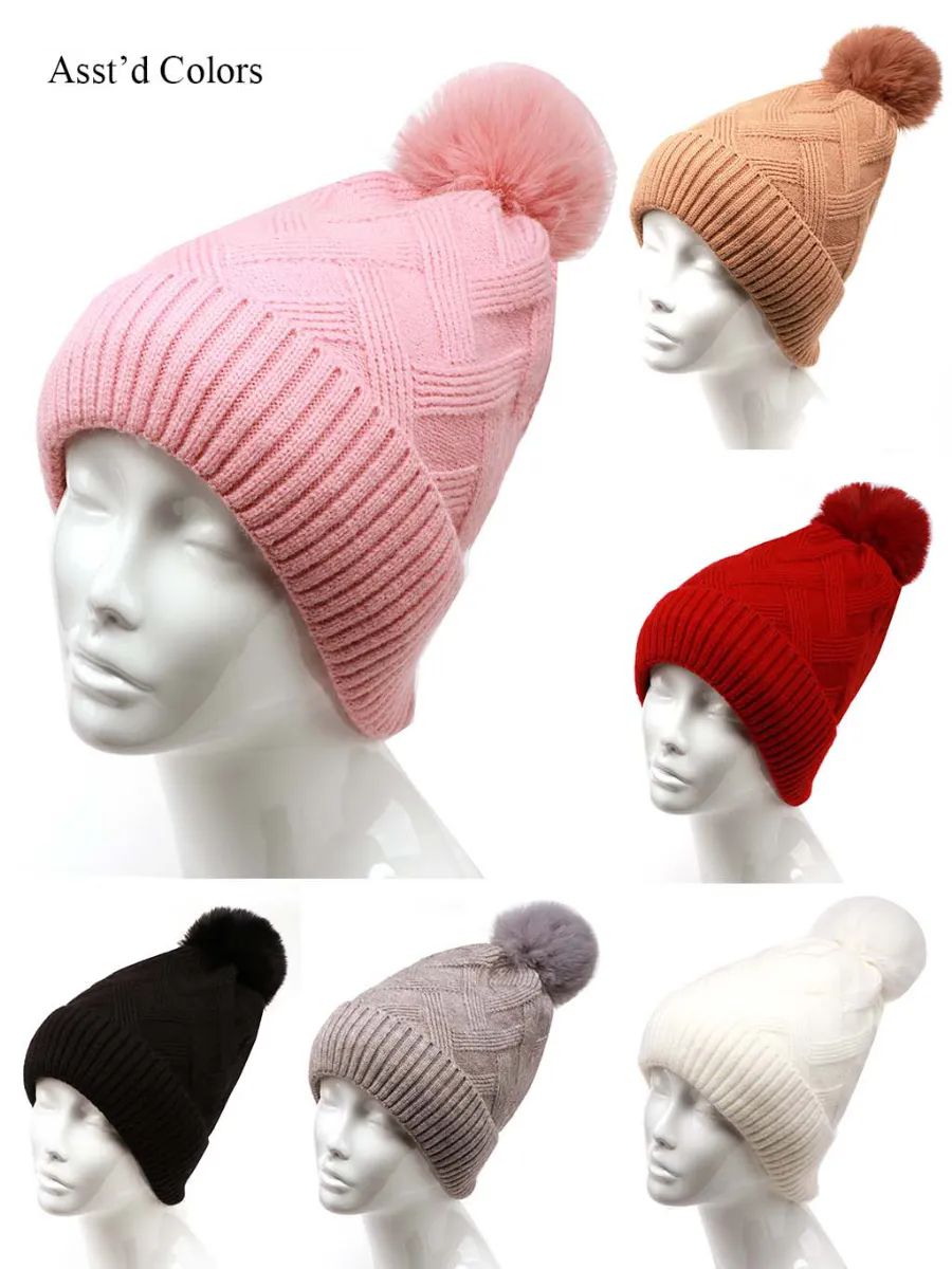 12 Pieces of Women's Winter Knitted Pom Pom Beanie Hat With Faux Fur