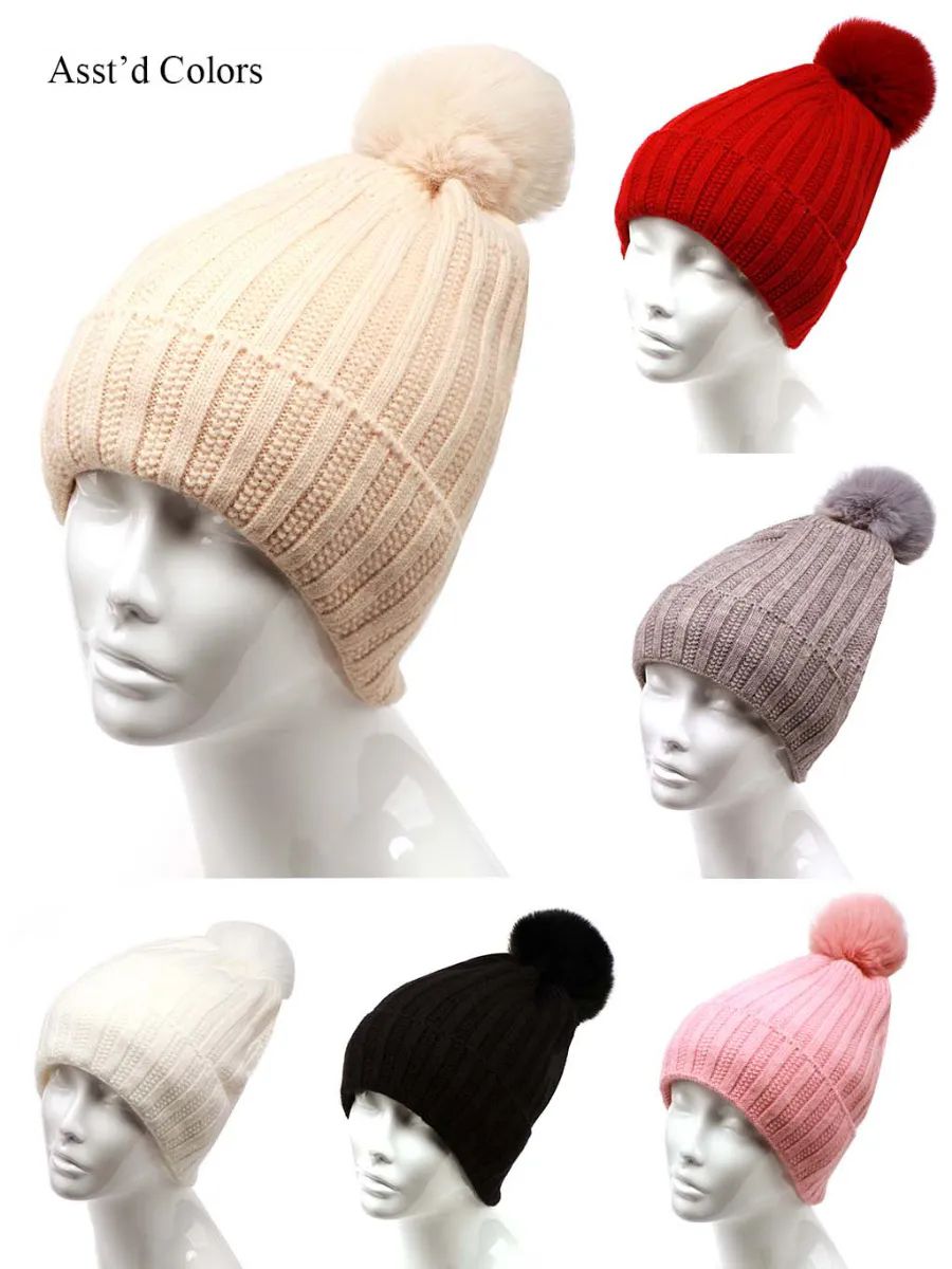 12 Pieces of Women's Winter Knitted Pom Pom Beanie Hat with Faux Fur