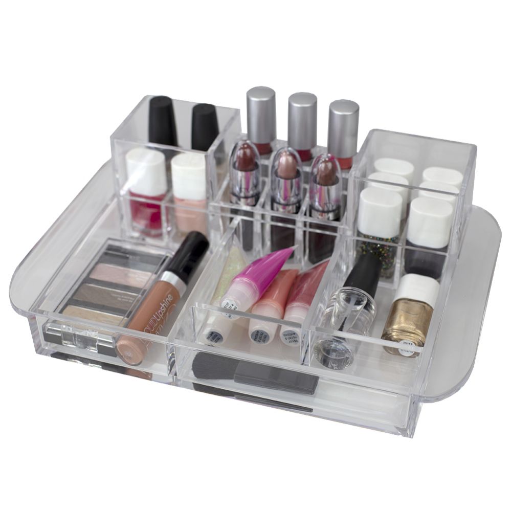12 pieces of Home Basics Deluxe Large Capacity 16 Compartment Transparent Plastic Cosmetic Makeup And Jewelry Storage Organizer With Easy Grip Handles, Clear