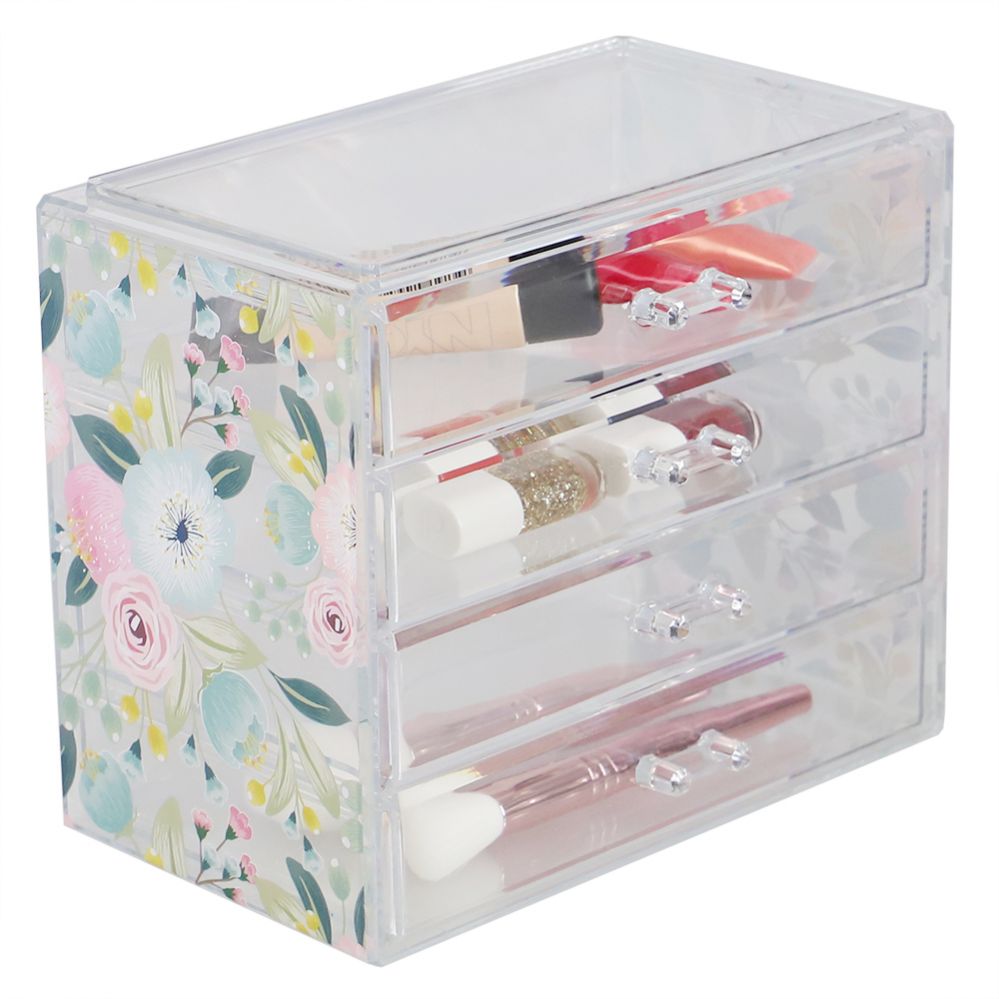 6 pieces of Home Basics Floral 4 Drawer Plastic Cosmetic Organizer, Clear