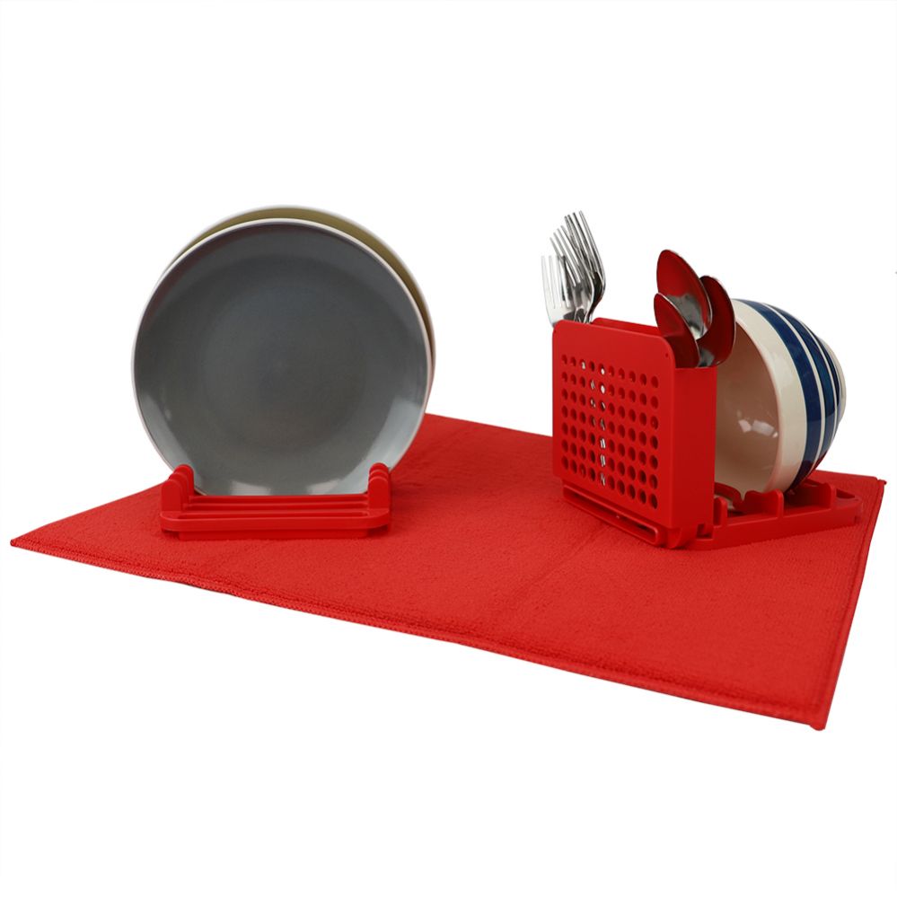 12 Wholesale Home Basics 3 Section Dish Drying Rack With Mat, Red