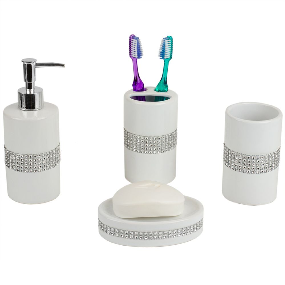 12 pieces of Home Basics 4 Piece Ceramic Luxury Bath Accessory Set with Stunning Sequin Accents, White