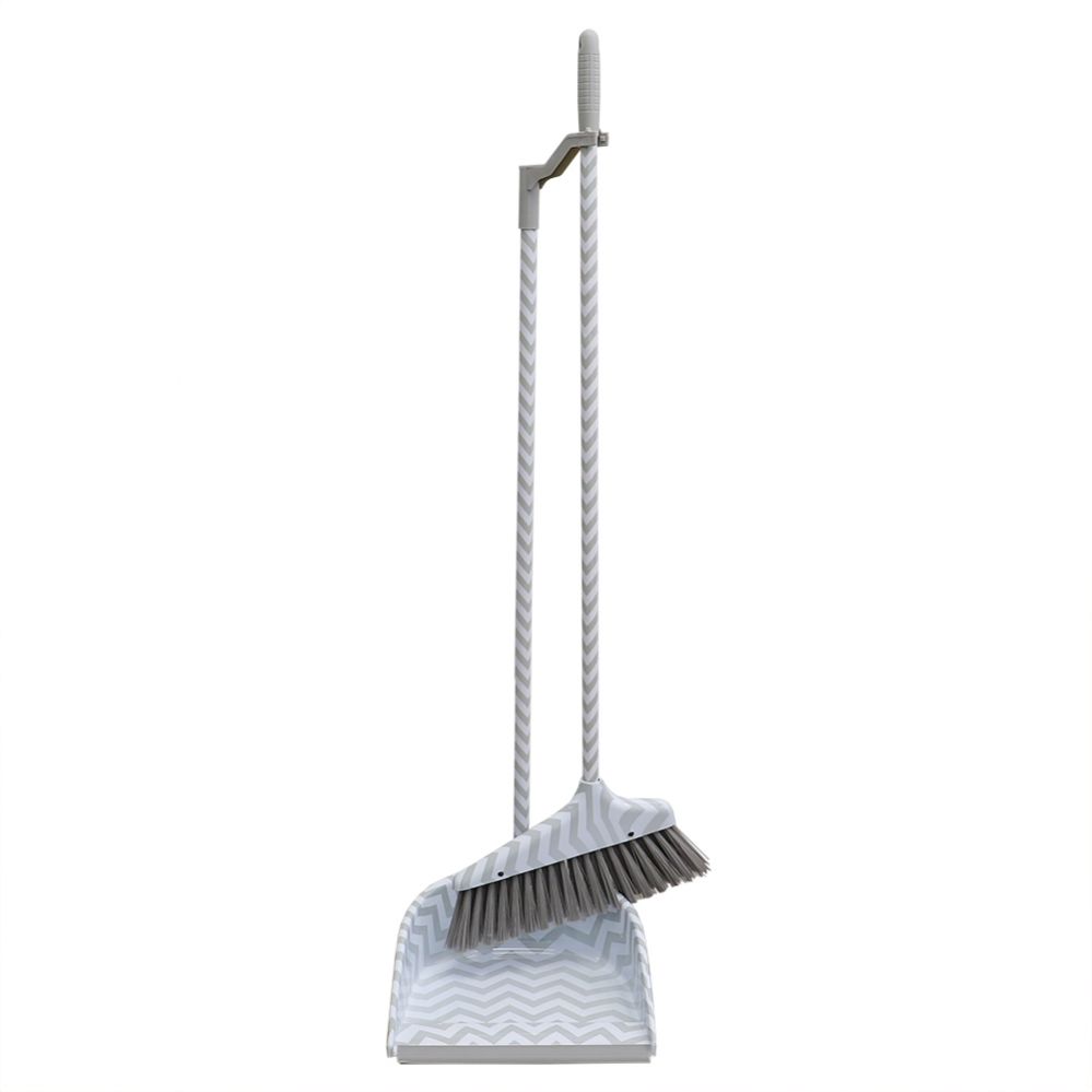 12 pieces of Home Basics Chevron Upright Angled Broom And Plastic Dust Pan Set With Comfort Grip Handle, Grey