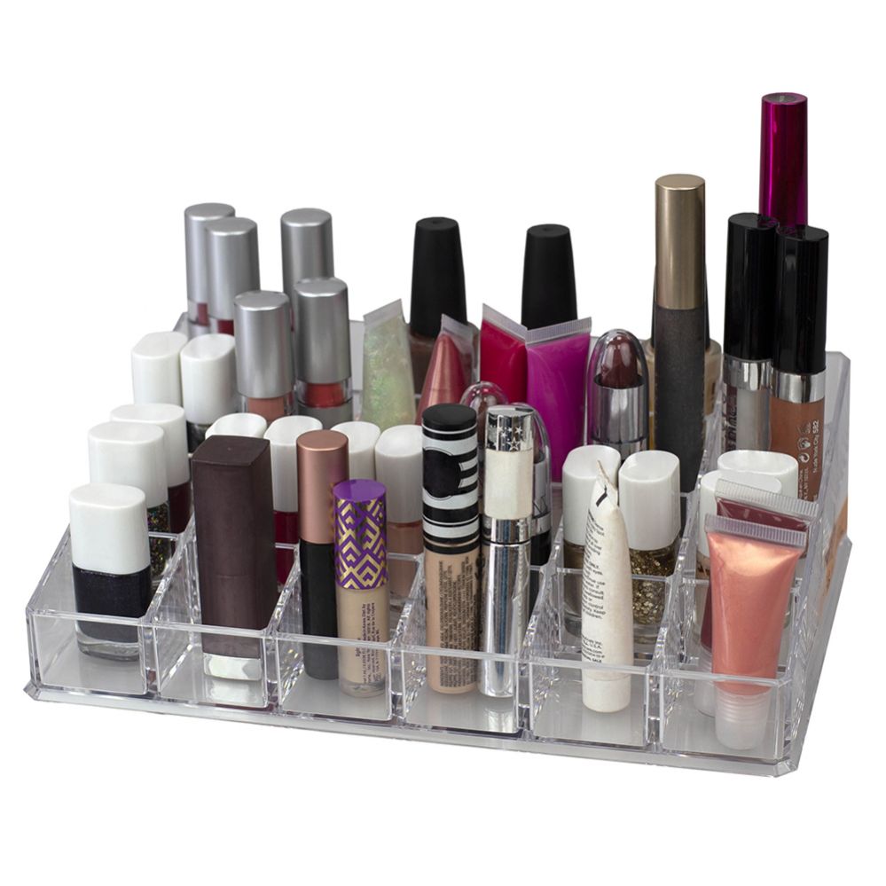 12 pieces of Home Basics 24 Compartment Transparent Plastic Cosmetic Makeup And Nail Polish Storage Organizer Holder, Clear