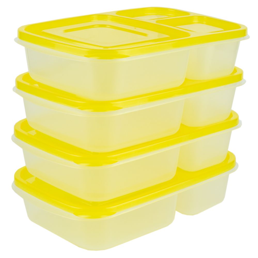 12 Wholesale Home Basics 3 Section Plastic Food Storage Containers, (Set of 4), Yellow