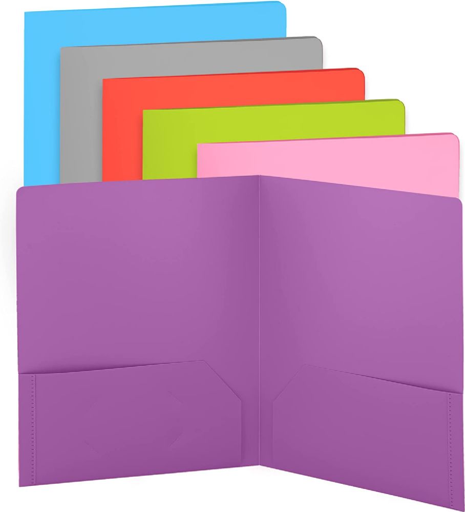 24 pieces of Plastic Solid Color 2-Pockets Poly Portfolio, Purple