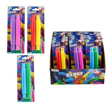 24 Wholesale Fidget Bendy Tube 2pk 3ast Color Combos/24pc Pdq Blc5.5in Expands To 17.5in