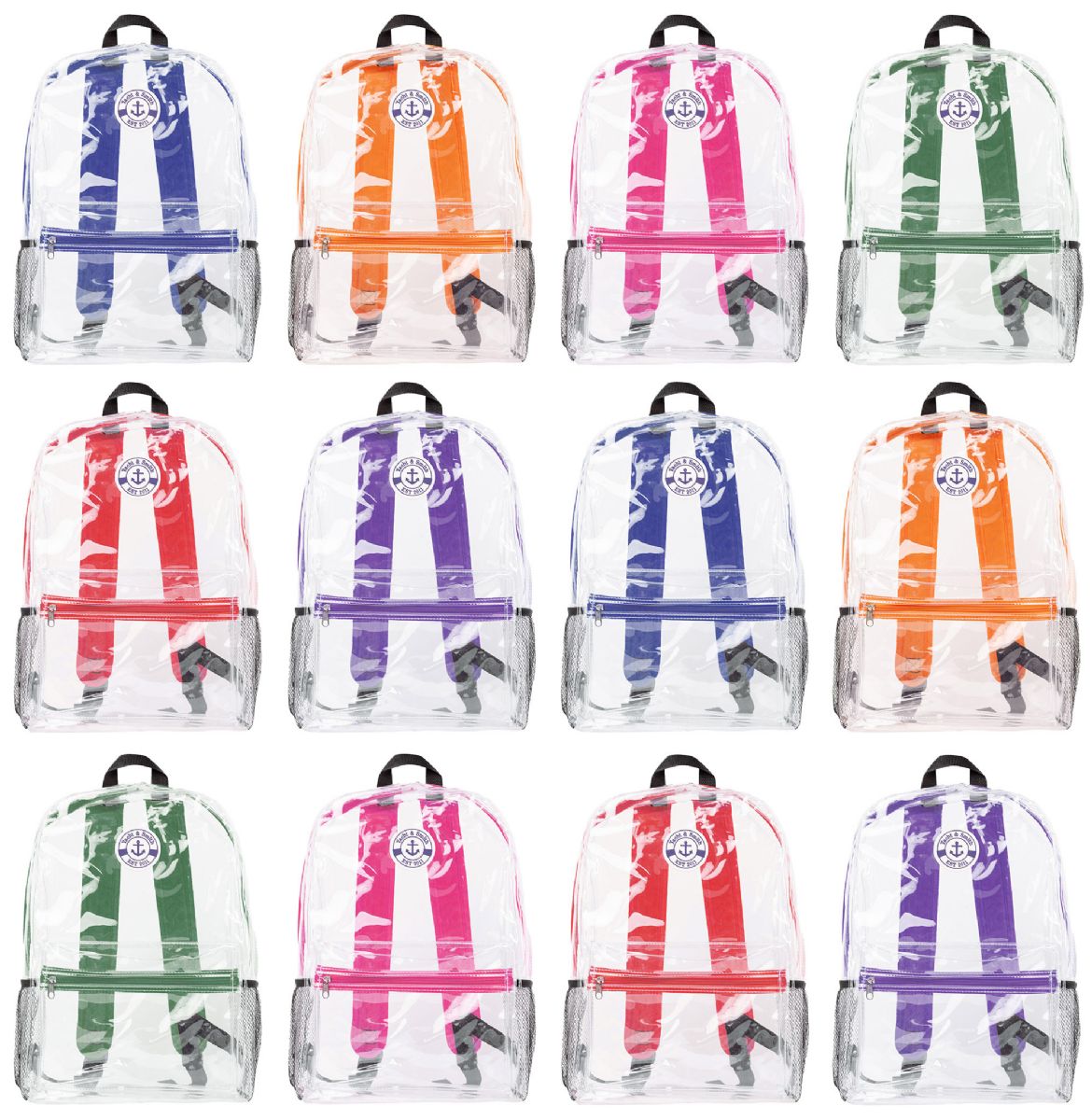 24 Pieces of Yacht & Smith 17inch Water Resistant Assorted Color Clear Backpack With Adjustable Padded Straps