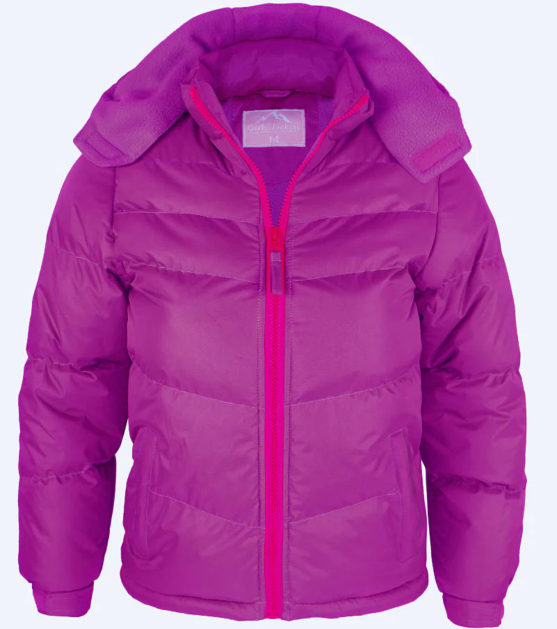 12 Pieces Toddler Girl's Puff Synthetic Insulated Fleece Lined Jacket With Detachable Hood Purple - Junior Kids Winter Wear